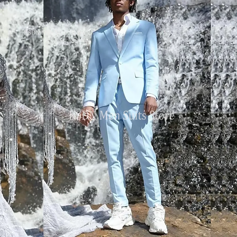 

Formal Light Blue Wedding Men's Suits One Button Notch Lapel Slim Fit Male Clothing High Quality Outfits 2 Piece Jacket Pants