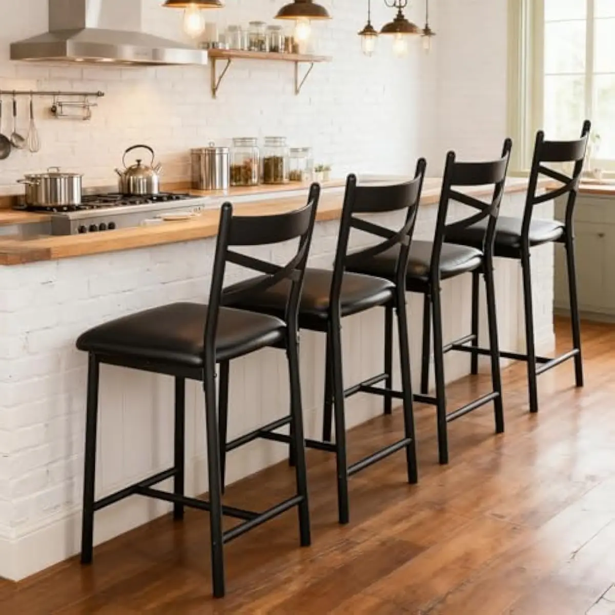26 Inch Counter Height Bar Stools Set of 4 | Black Metal Frame with Ergonomic Curved Backrest | Thick High-Density Foam Seat | W
