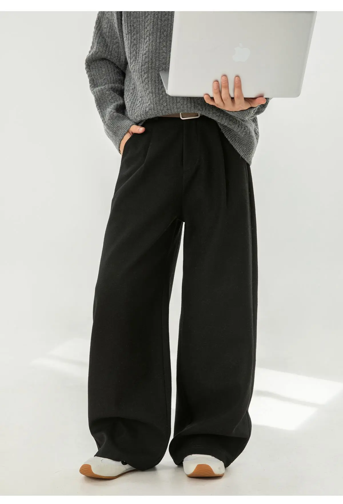 Herbst- und Winter-Herrenhose aus schwerer, strukturierter Wolle mit geradem Bein, locker gefaltet, Y2K Koreanische Baggy Casual Hose – Detail 17