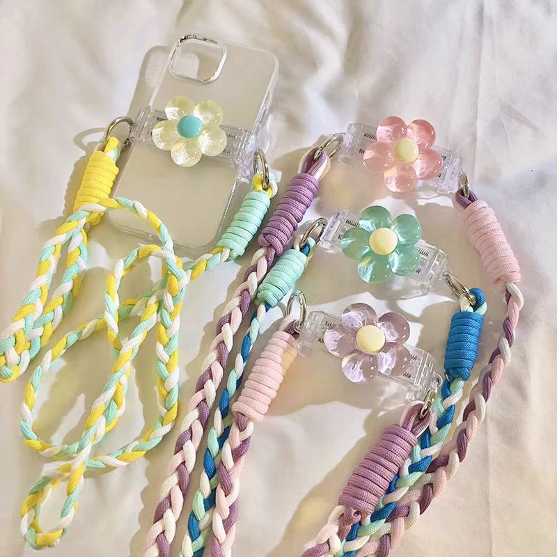 Universal DlY Crystal Flower Back Clip Crossbody Twist Braided Long Cord Anti-Lost Phone Case Lanyard For iPhone 15 14 S23