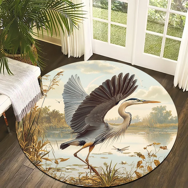 Wetland Heron Theme Flannel-printed round floor mats are slip-resistant Suitable for living room bedroom terrace garden carpets