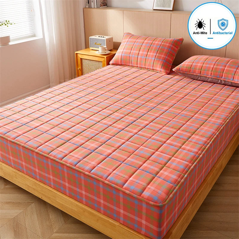 Yarn-Dyed Washed Cotton Top Layer Mattress Protector, Antibacterial Anti-Mite Quilted Mattress Cover Dustproof Breathable Silent