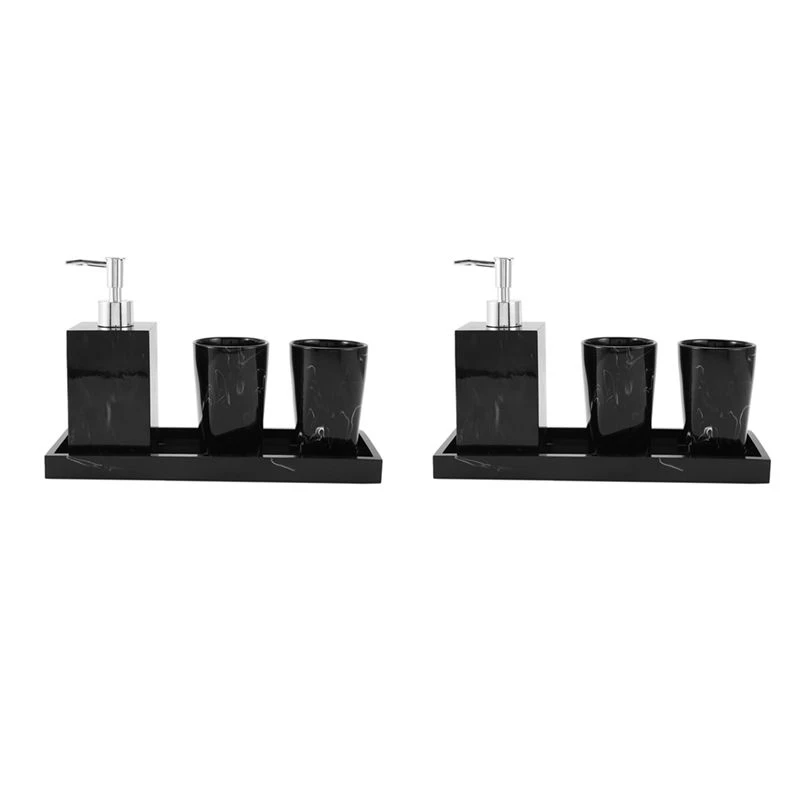 2X Marble Texture Bathroom Supplies Black 4Pcs Resin Bathroom With Dispenser Toothbrush Holder Soap Dispenser