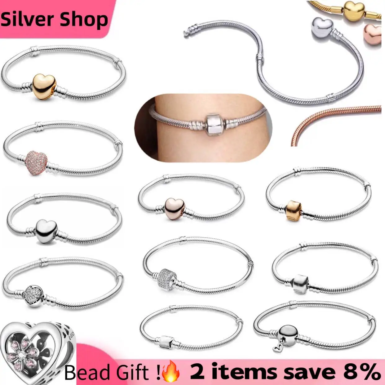 

Classic Hot Sale 925% Sterling Silver Fit Original Heart Square Round Luxury Zircon Charm Snake Bone Bracelet Women's Jewellery