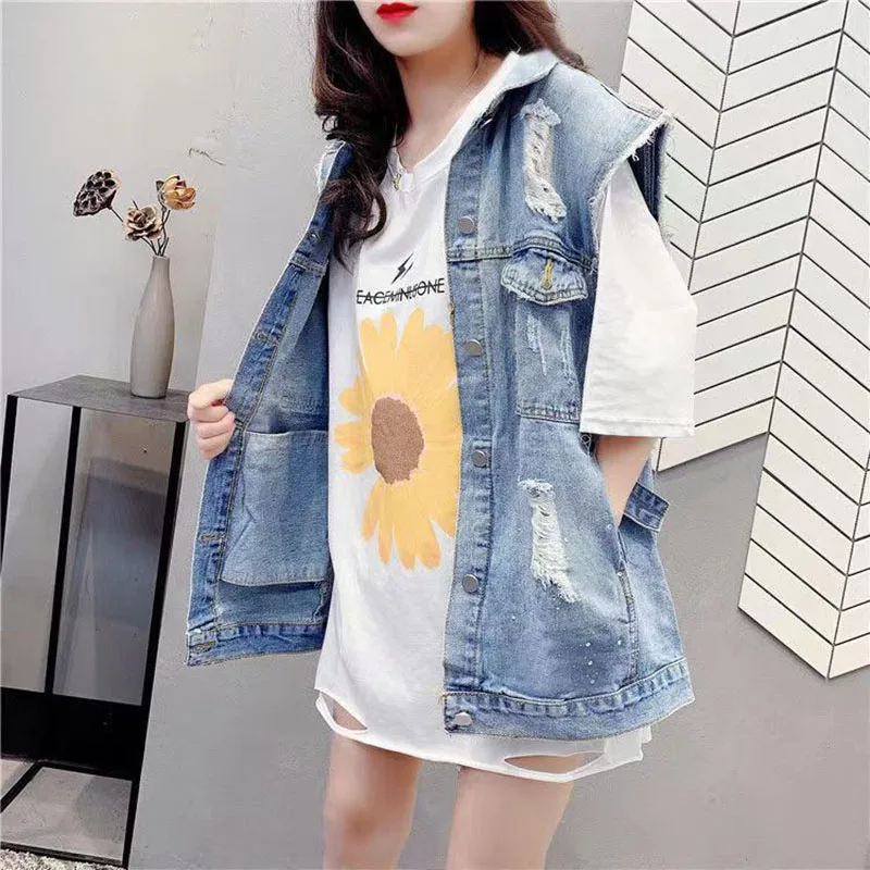 

Korean Fashion Ripped Blue Denim Vest for Women Girl Winter Spring Coat Shirt Vintage Y2k Clothing Streetwear Clothing