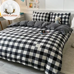 Set biancheria da letto semplice scozzese nero 100% cotone, lato A/B, 1 copripiumino, 2 federe, traspirante, senza lenzuolo