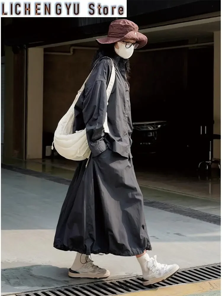 High Elastic Waist Loose Fit Khaki Drawstring Casual Half-body Skirt Women Fashion Tide New Spring Autumn