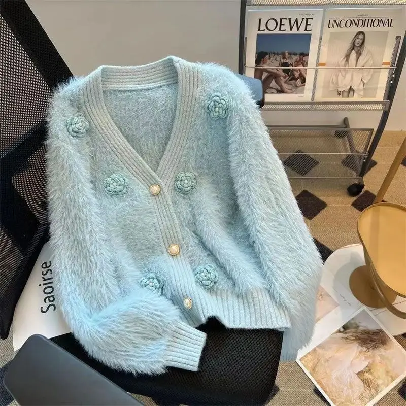 2025 Autumn and Winter Fashion New Women's Elegant Knitted Single Breasted Cashmere Cardigan Three-dimensional Flower Sweater