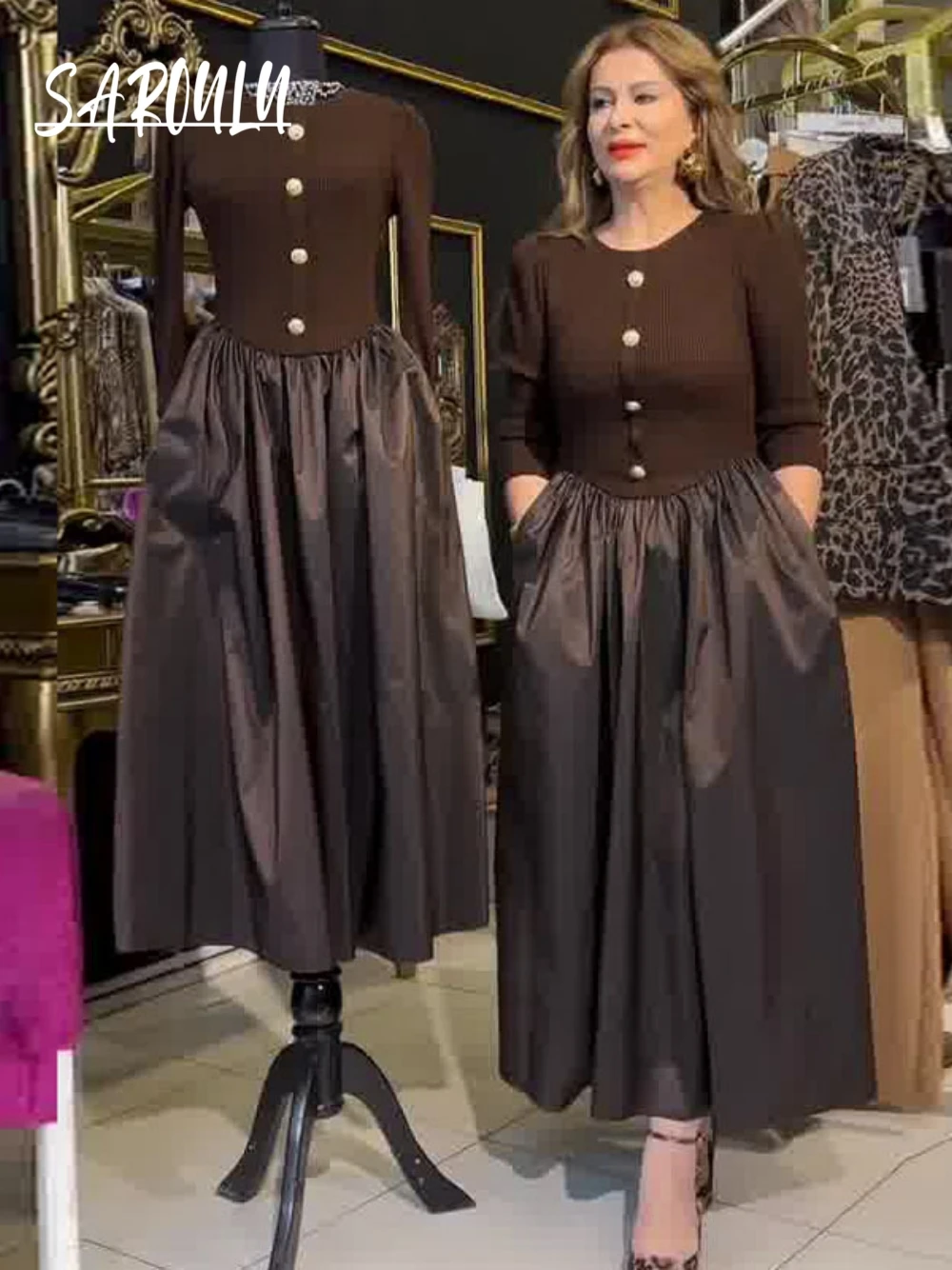 

Coffee Color A Line 2026 Evening Dress, Classy Mother Of the Prom Gown, Modern Round Collar Party Shopping Wear, In Stock