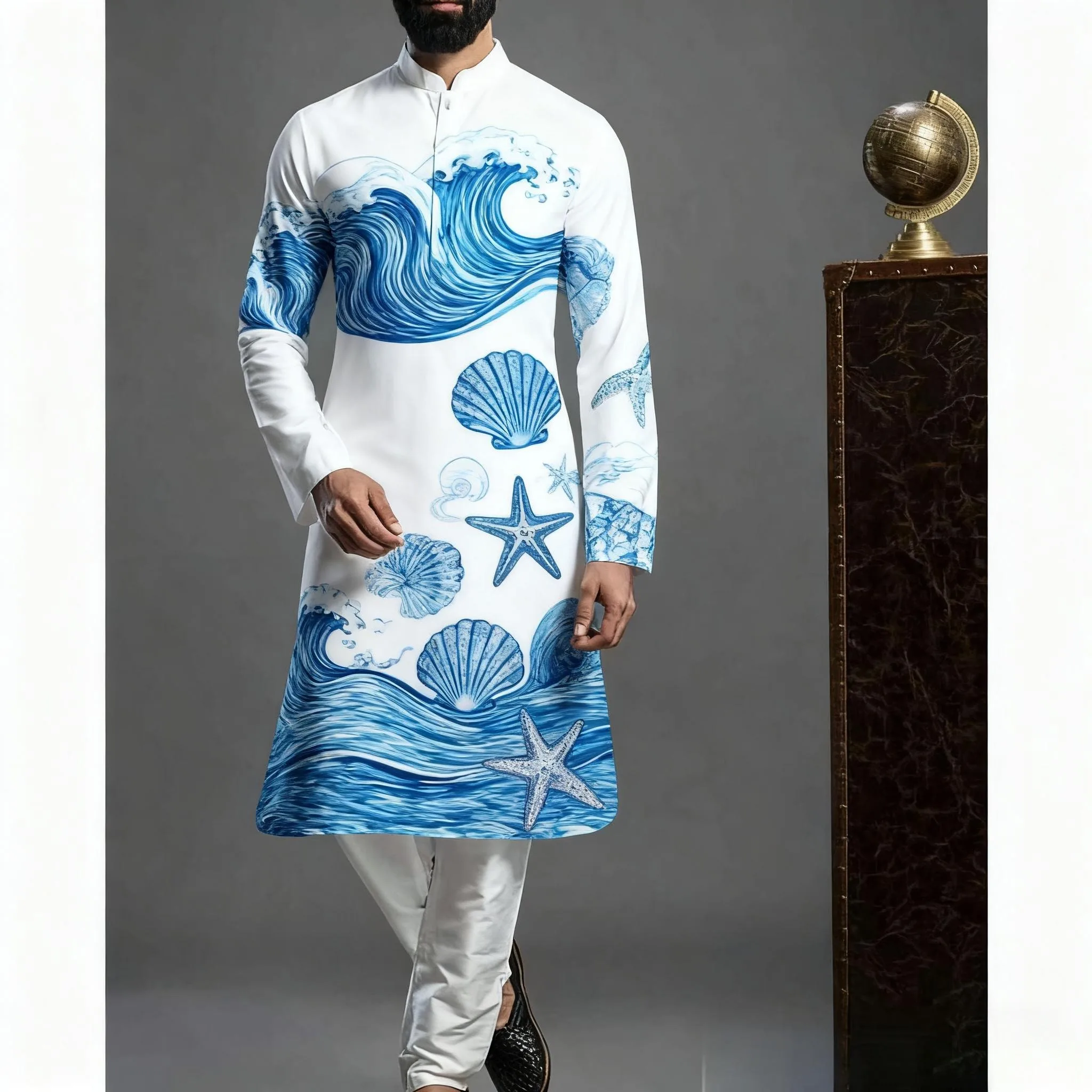 عباية عربية إسلامية للرجال رداء عرقي مطبوع بياقة واقفة قميص شبابي متوسط الطول معطف فاخر بدلة تركية غير رسمية للرجال #4