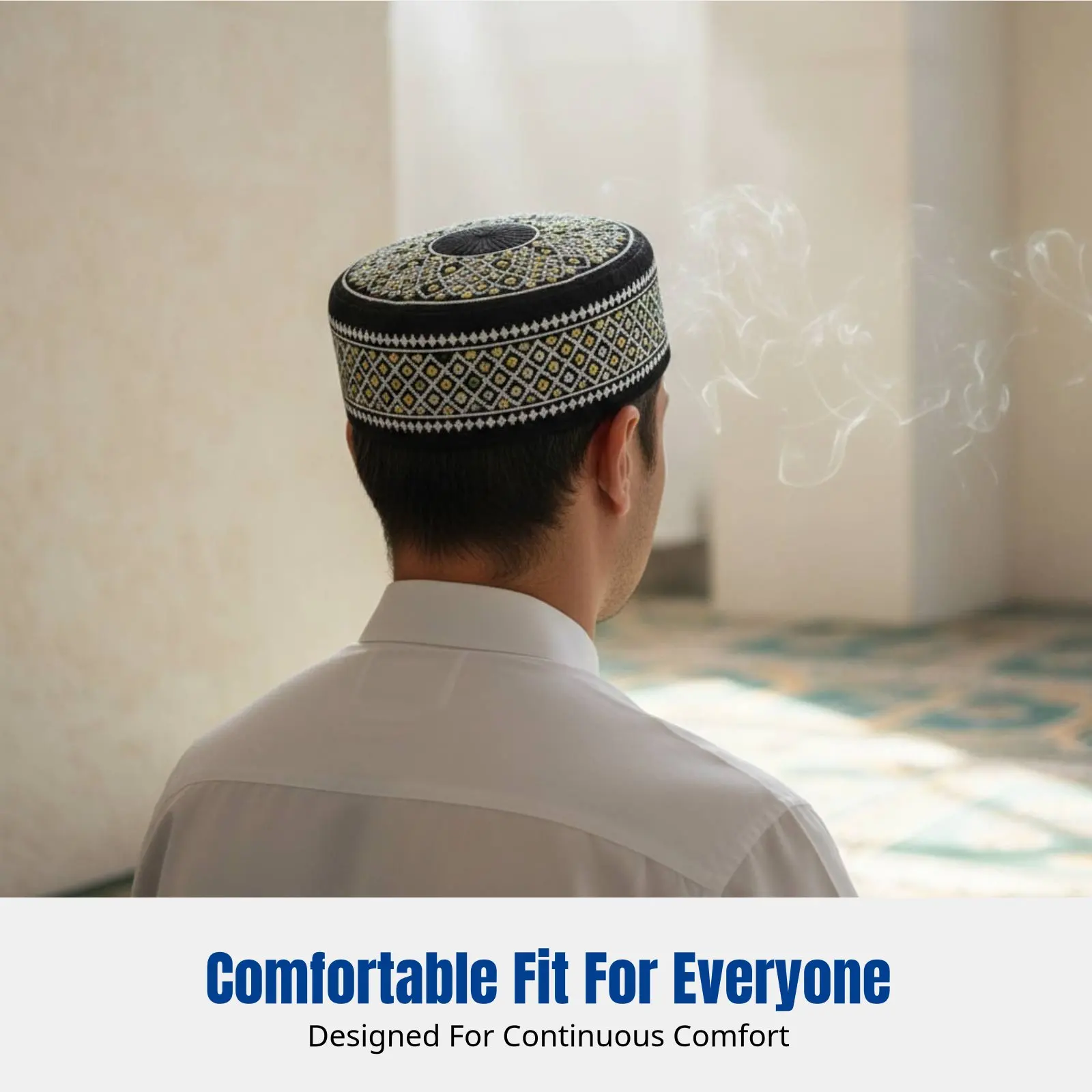 

Men's Hui Muslim Prayer Hat, Embroidered Cotton Cap, Flat Top, Round Border