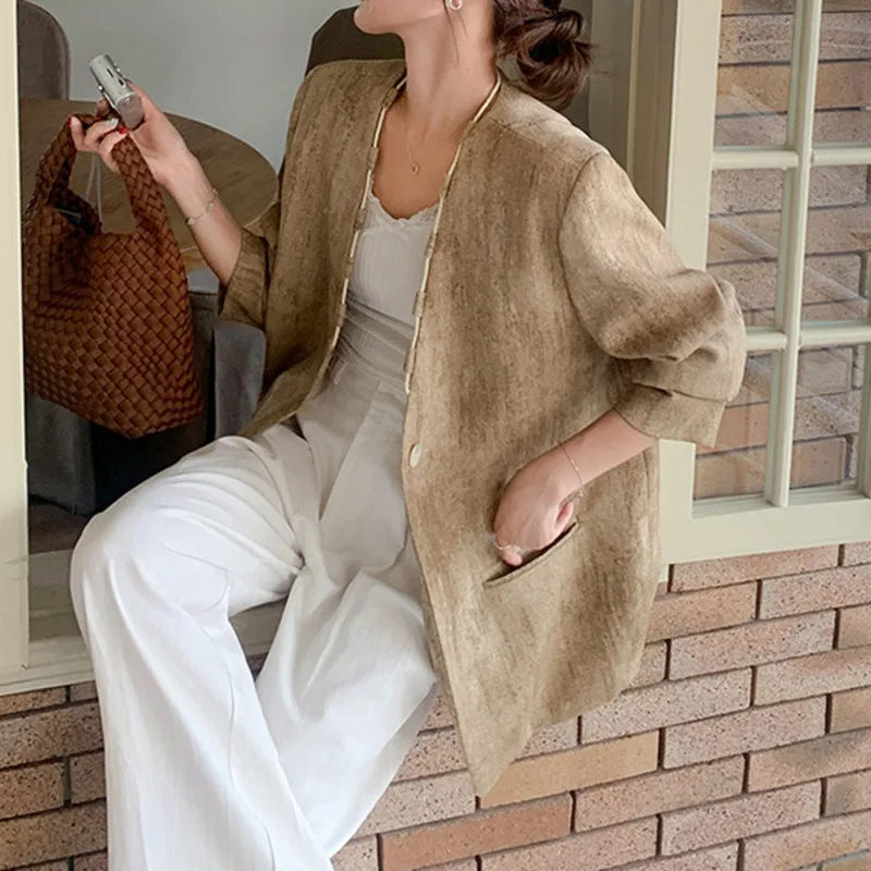 EAEOVNI Vintage V-hals Blazer Jas Vrouwen Kaki Tie Dye Ontwerp Knop Losse Jas Kantoor Dame 2025, Nieuwe Kleding Temperament