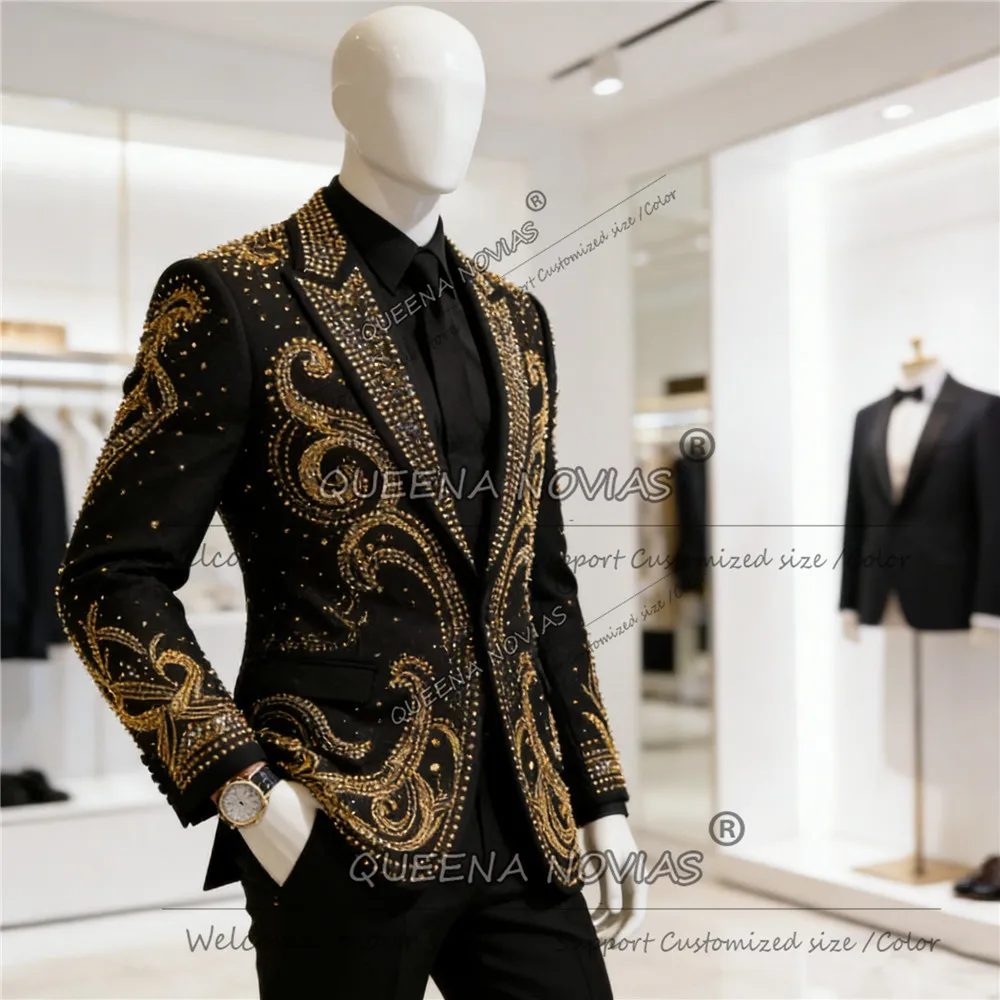 

Элитные мужские костюмы с драгоценными камнями, индивидуальный пошив, однобортные пиджаки для выпускного вечера, наряды для социальных мероприятий, комплект из 2 предметов, свадебные смокинги для жениха