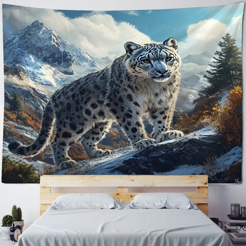Ultra high definition snow mountain snow leopard outdoor foraging scene decoration tapestry home background wall decoration