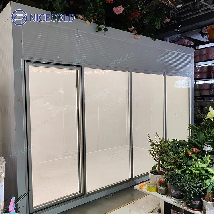 Custom Multifunction 4 Glass Door Walk In Cooler Cold Room For Flowers Display Cooler