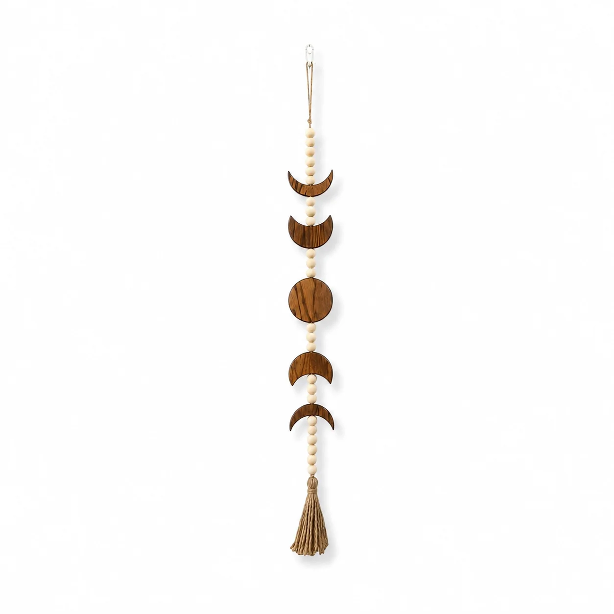 Boho Moon Phase Wall Hanging Wooden Bead Garland with Tassel for Bedroom Living Room Nursery Decor