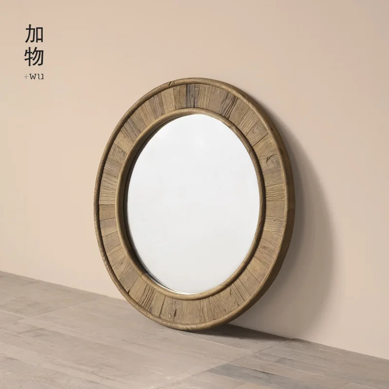 ZML Rustic vintage old elm wood round decorative mirror - wabi-sabi style b&b antique wood bathroom vanity mirror