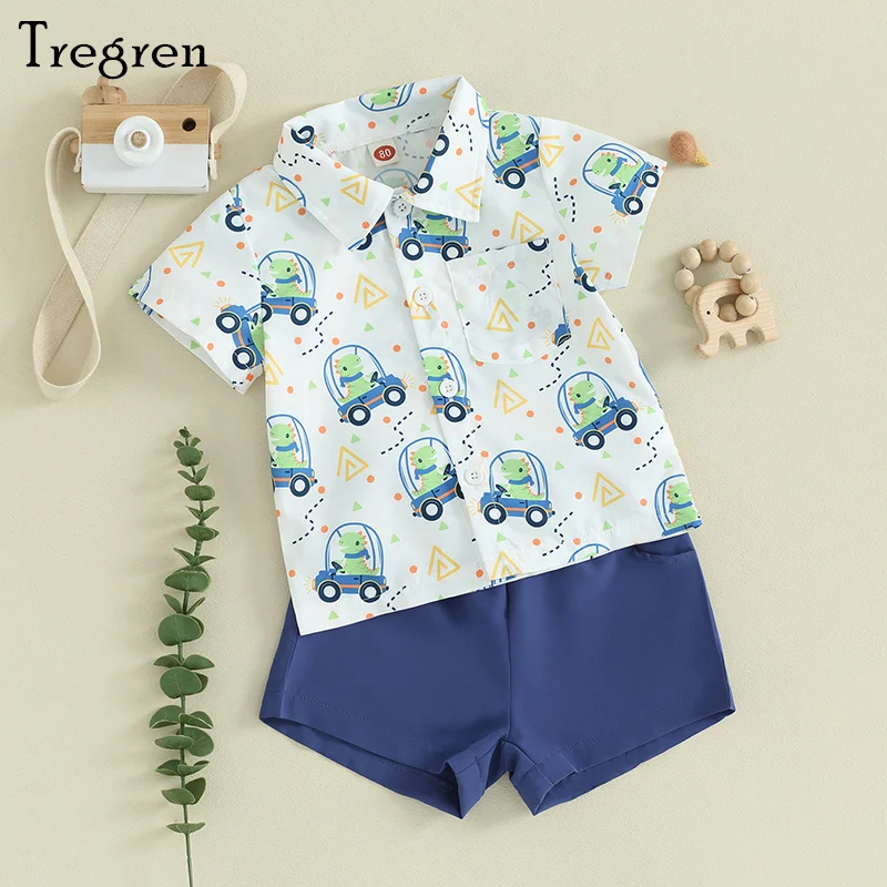 

Tregren Toddler Boys Summer Clothes Dinosaur Print Short Sleeve Button Down Shirt with Solid Color Shorts 2Pcs Gentleman Outfit