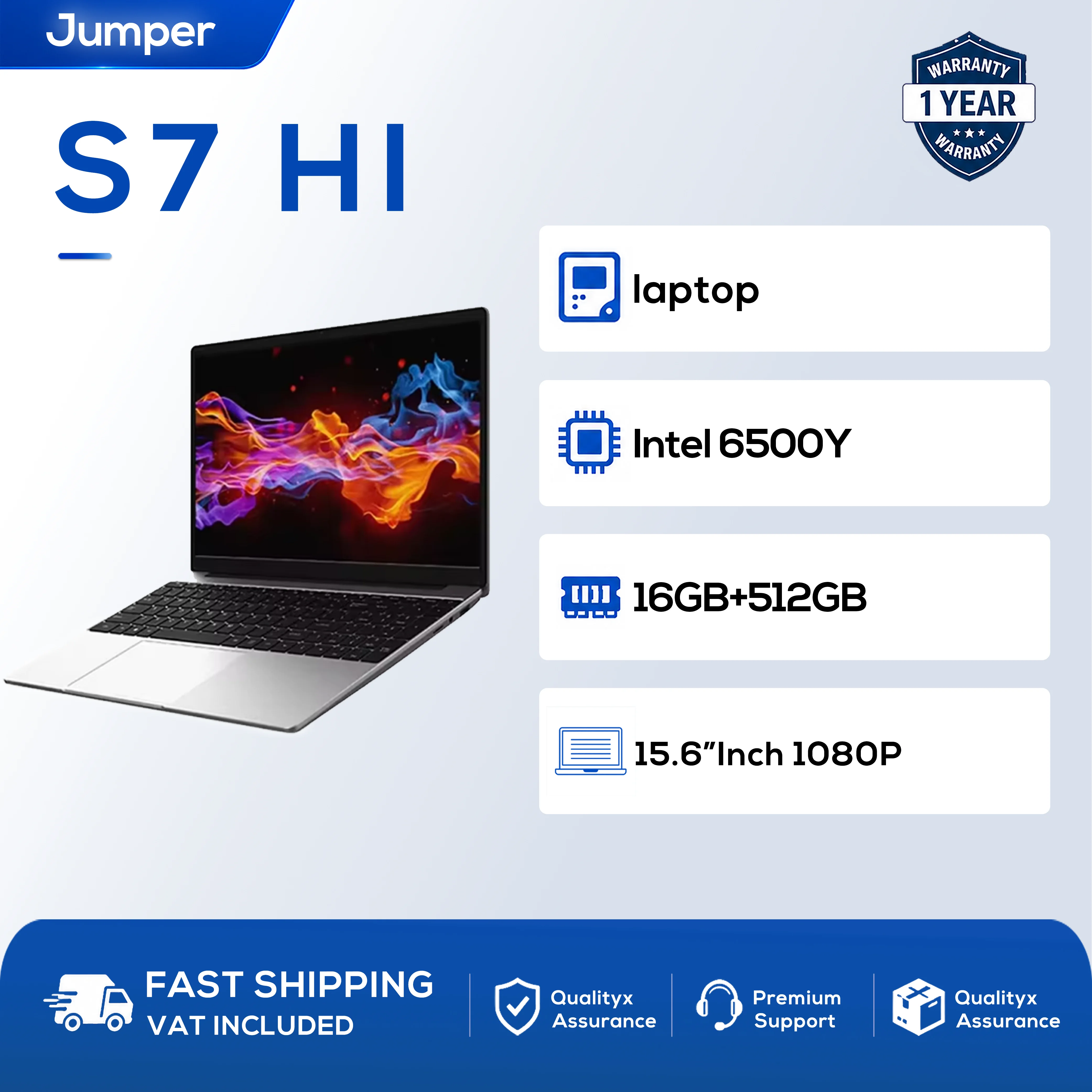 Jumper EZbook S7 HI Laptop 15,6-inch Intel Core 6500Y processor, 16GB RAM, 512GB SSD, Windows 11, Type-C, Mini HDMI-poort, Dual-band 5G WiFi