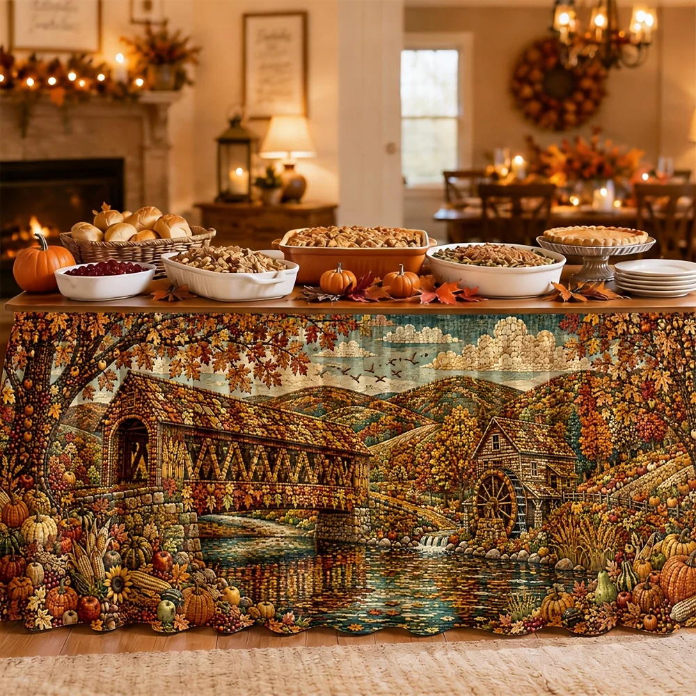 Table skirt/tablecloth, autumn scenery, country bridge, waterwheel, harvest, leaves, warm tones, Thanksgiving, autumn