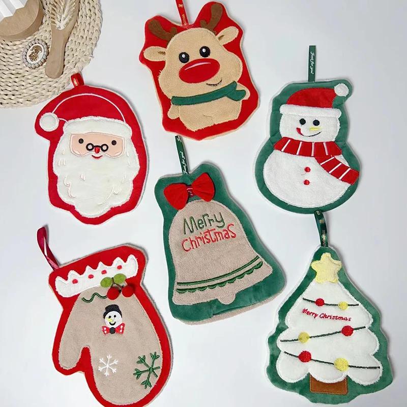 Cute Christmas Hanging Hand Towel Snowman Santa Claus Xmas Tree Shape Towels Kitchen Bathroom Absorbent Hand Cloth Xmas Decor