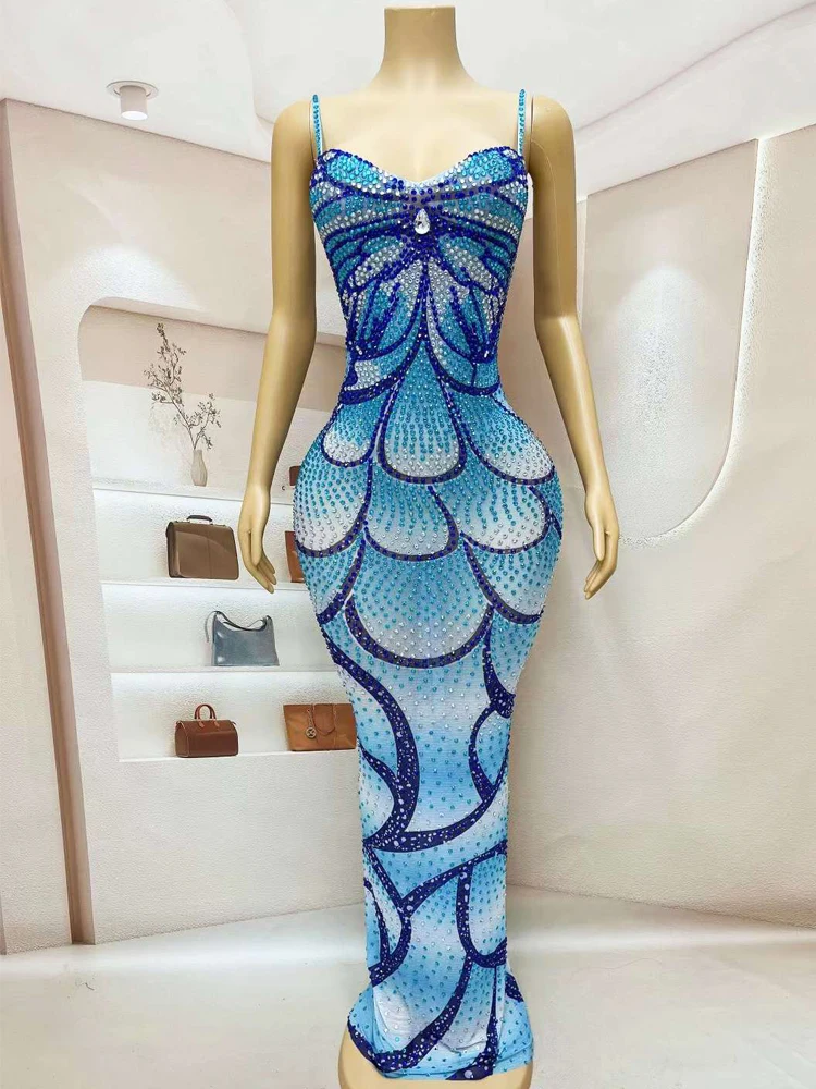 Sexy Sleeveless Women Evening Long Dress Blue Rhinestones Party Club Bar Sing Dance Wear Drag Queen Stage Performance Costume