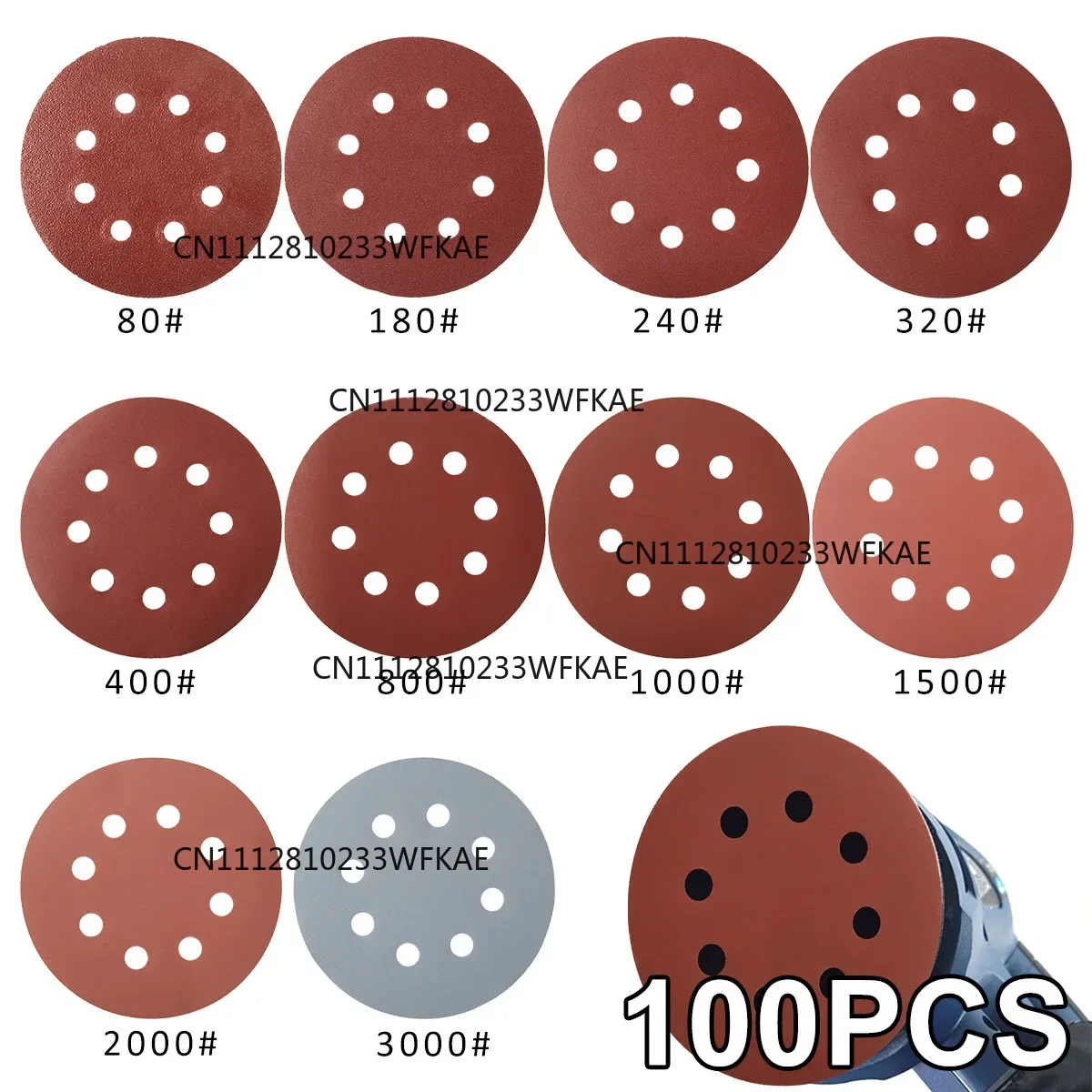 100Pcs 5Inch 8 Hole Sandpaper Sanding Discs Hook Loop Adhesive 80Grit-3000Grit Sanding Paper 125mm Sanding Disc Polishing Tools