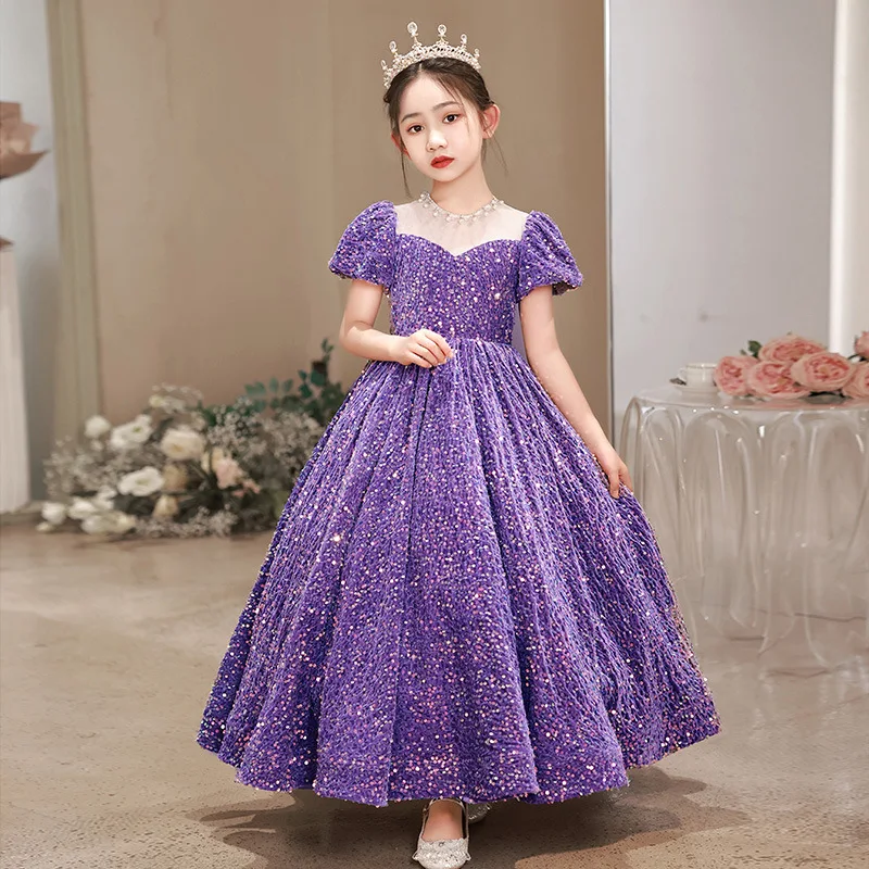 

Little Girls Birthday Party Gown Kids Sparkle Sequin Puffy Princess Halloween Dress Teen Girls Elegant Evening Long Prom Dresses