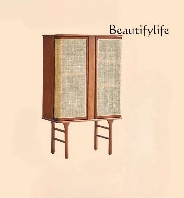 

N Japanese-Style Solid Wood Vintage Storage Cabinet Silent Style Rattan Wine Cabinet