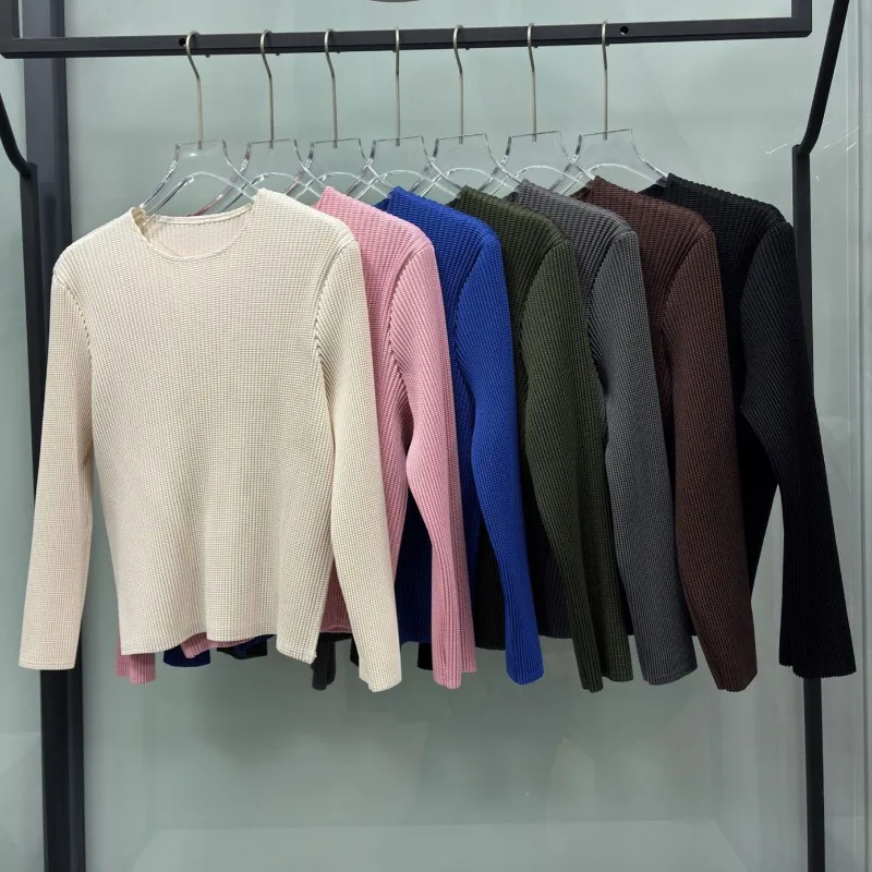 Pleated Bouncy T-Shirt Autumn Winter New Corn Grain Texture Simple Casual Round Neck Solid Color Fashion Women's Base Shirt Top