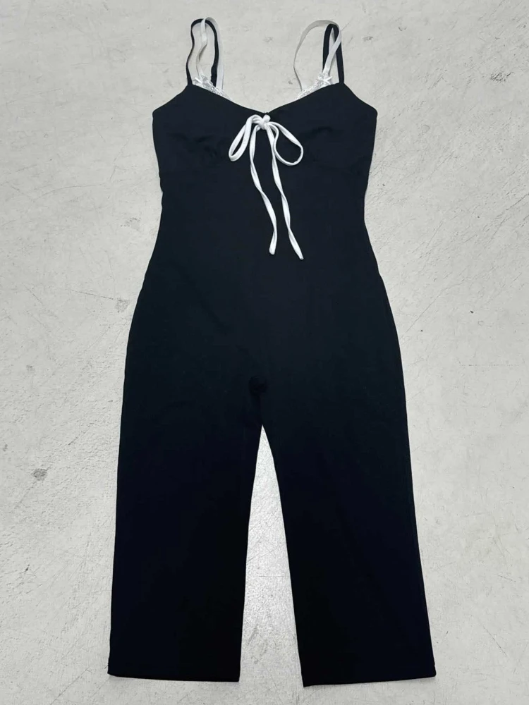 SsTss ストリートスタイル カラーブロック スパゲッティストラップ ジャンプスーツ ファッション タイアップ フロント Vネック ノースリーブ スリム カプリパンツ ワンピース ロンパース