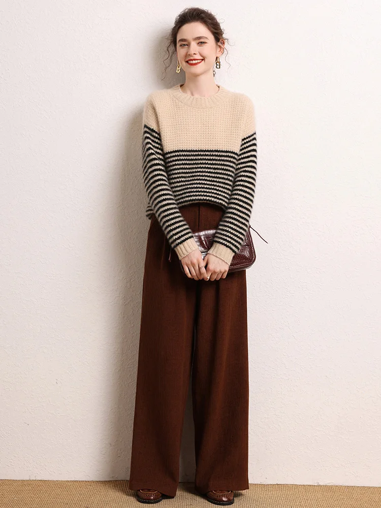 

New Fashion 100% Merino Wool Women Sweater Autumn Winter O-Neck Striped Knitted Pullover Casual Jumper Long Sleeve Clothing Tops