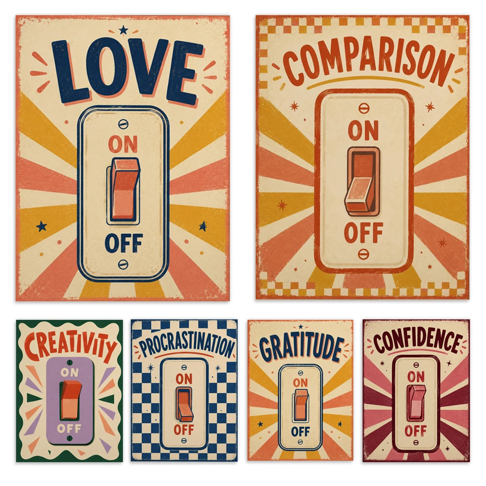 Inspirational wall decorations, energy quotes, prints on peace, gratitude, kindness, and hope, and retro humorous posters.
