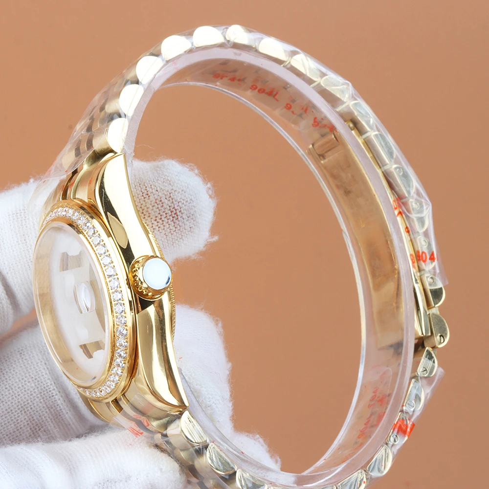 Sapphire glass 33mm Lady‘s Case Strap Diamond NH05 Watch Case For NH05 NH06 Automatic Movement Stainless Steel Jubilee Bracelet