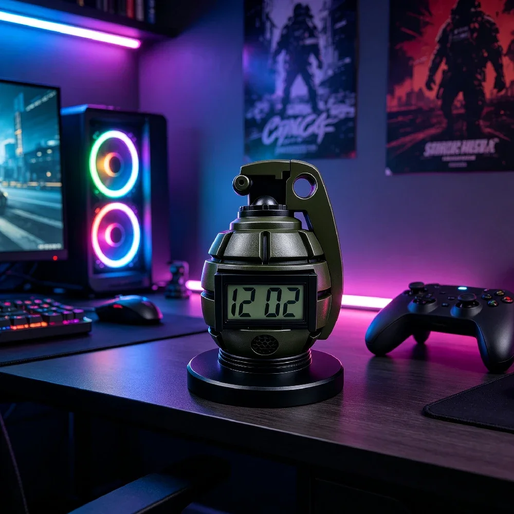 Grenade-Shaped Alarm Clock with Vibration & Flashing LED, Loud Drill Sergeant Voice Alarm, 5 Alarm Modes, for Heavy Sleepers