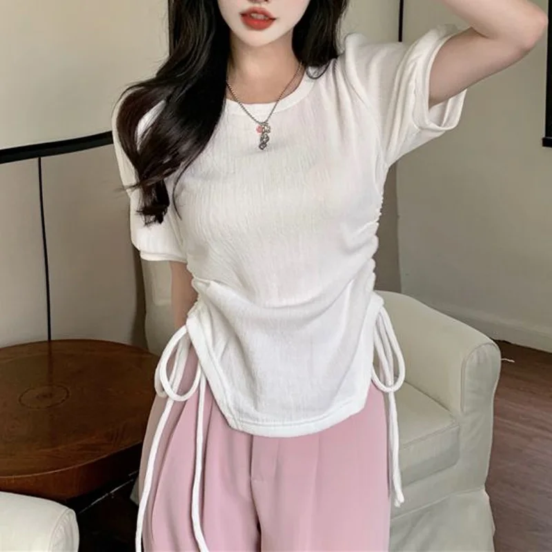 

2024 New Summer Spicy Girl Sweet Cool Trend Round Neck with Drawstring on Both Sides for Slimming and Bubble Sleeves T-shirt