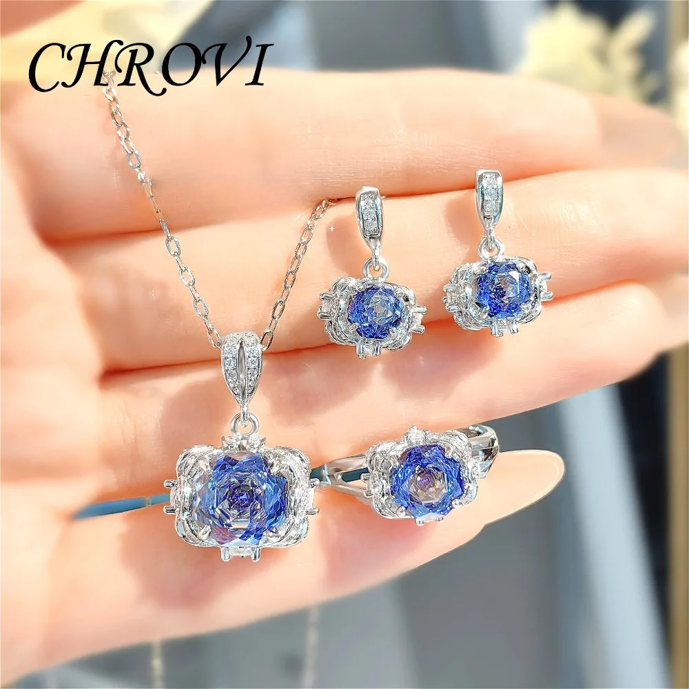 Light Luxury 925 Sterling Silver Millennial Rose Necklace Pendant, Diamond-Studded Earrings and Ring for Women