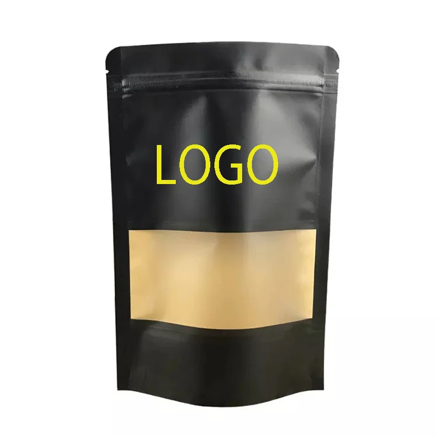 Black Doypack Stand Up Pouch with Clear Window and Zipper, Kraft Paper Bags