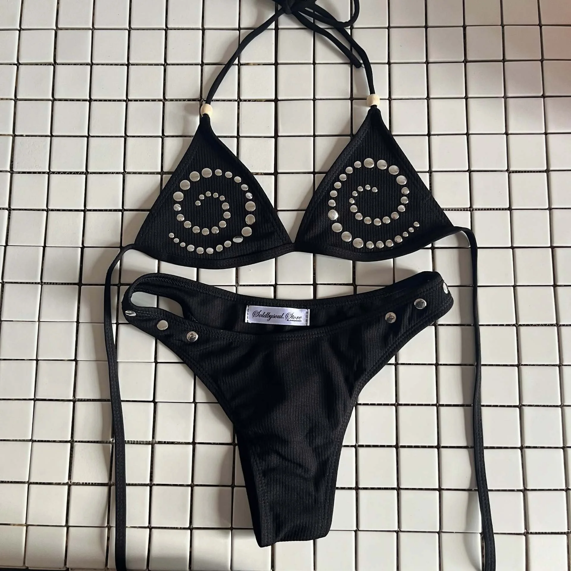 Summer Y2K Punk Beach Club Studded Spiral Ribbed Halter Thong Bikini Women's Two-Piece Swimsuit with Triangle String Design