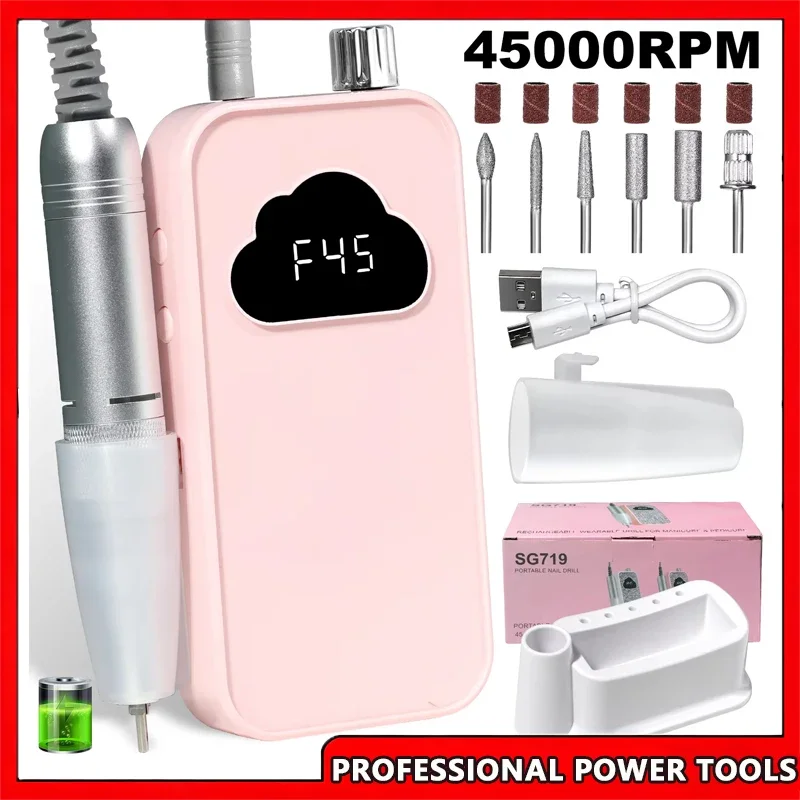 

Профессиональная электрическая дрель для ногтей, 45000 об/мин, перезаряжаемая портативная гелевая шлифовальная машина для ногтей, пилка для полировки салона, инструмент