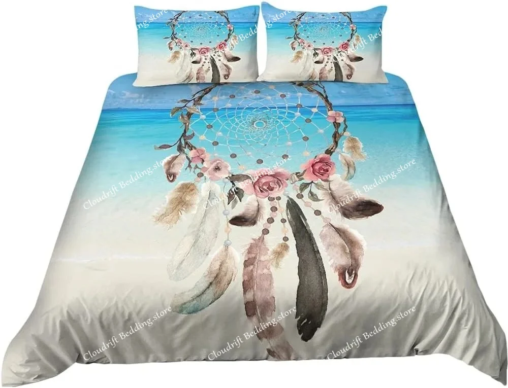Dream Dreamcatcher Duvet Cover for Girls Adult Bohemian Mandala Feather Print Bedding Microfiber Comforter Cover Bedroom Decor