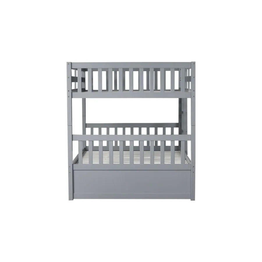 Full Over Full Rubber Wood Bunk Bed with Trundle Ladder and Guardrails Convertible to 2 Full Size Beds with Twin Size Trundle G
