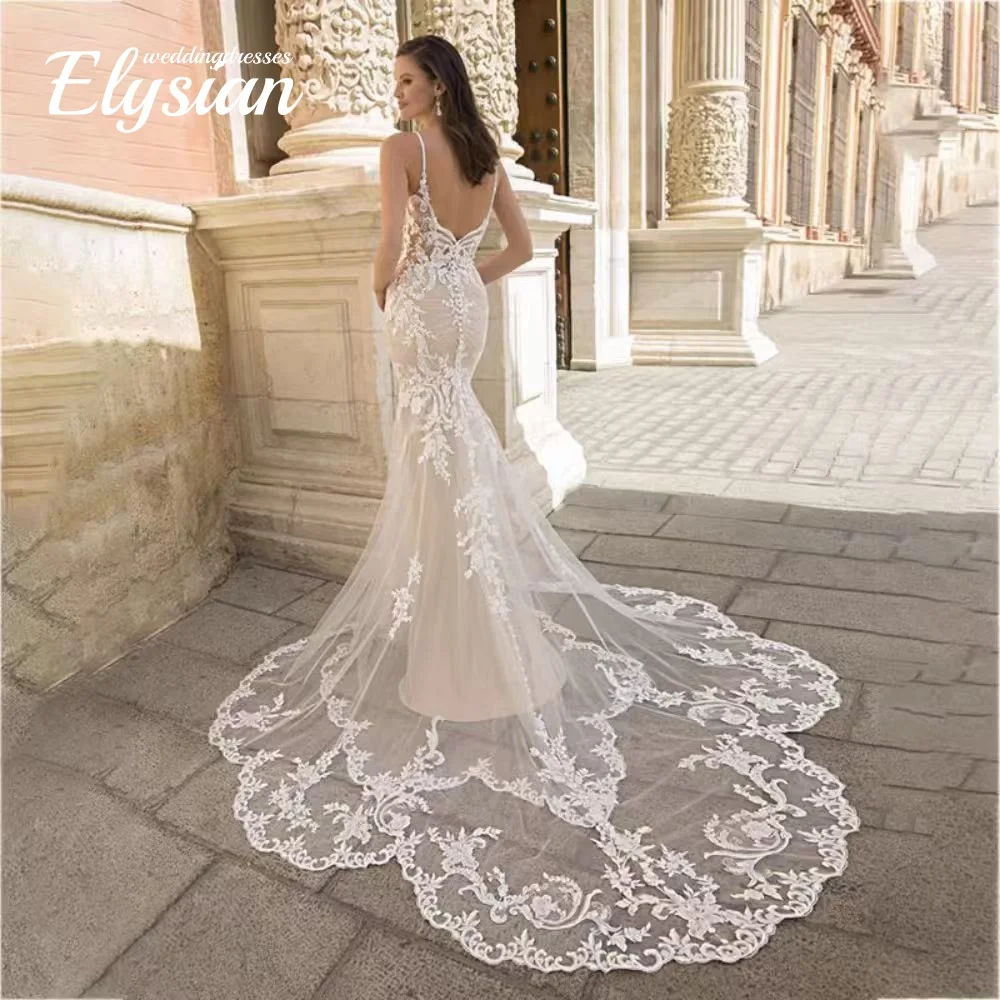 Maßgeschneidertes Boho-Meerjungfrau-Hochzeitskleid für Frauen, Spitzenapplikationen, V-Ausschnitt, Träger, rückenfrei, Brautkleid, Strand, Vestido de Novia