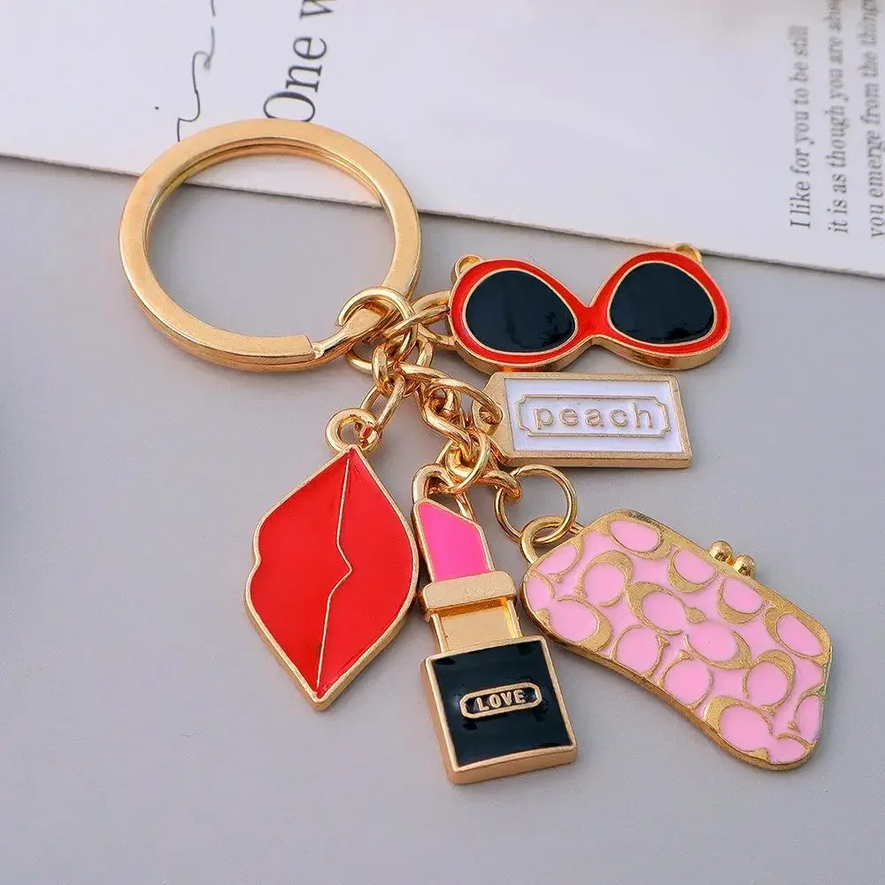 Creative Mini Handbag Shaped Keychain Red Lip Lipstick Sunglasses Keyring Women Girls Backpack Pendant DIY Accessories