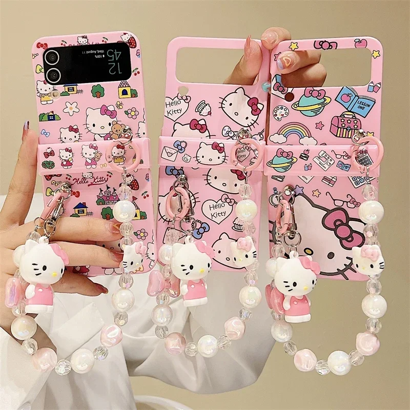 Cartoon Cute 3D Doll Hello Kitty With Lanyard Phone Case for Samsung Galaxy Z Flip 3 4 5 5G PC Hard Back Cover Y2k Girl Gift