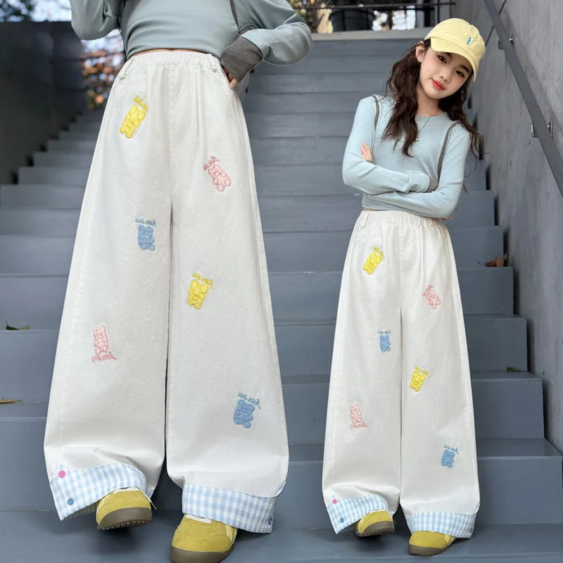 Kids Wide Leg Pants with Cartoon Embroidery Children's Cuffed Loose Floor Dragging Trousers Girls Straight Leg Cotton Sweatpants