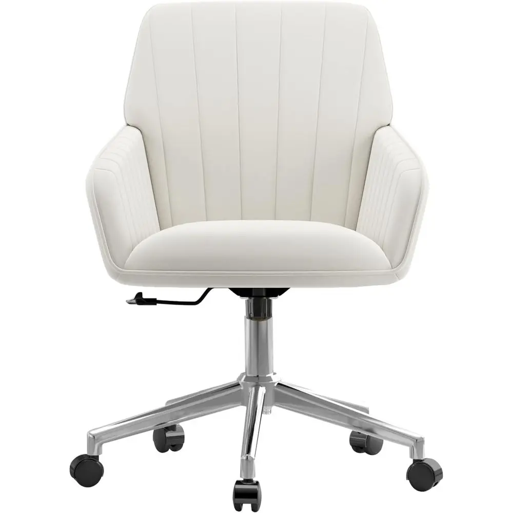 Elegant Cream Swivel Desk Chair with Silver Base, Adjustable Height, Wheels, and Arms for Vanity or Living Spaces