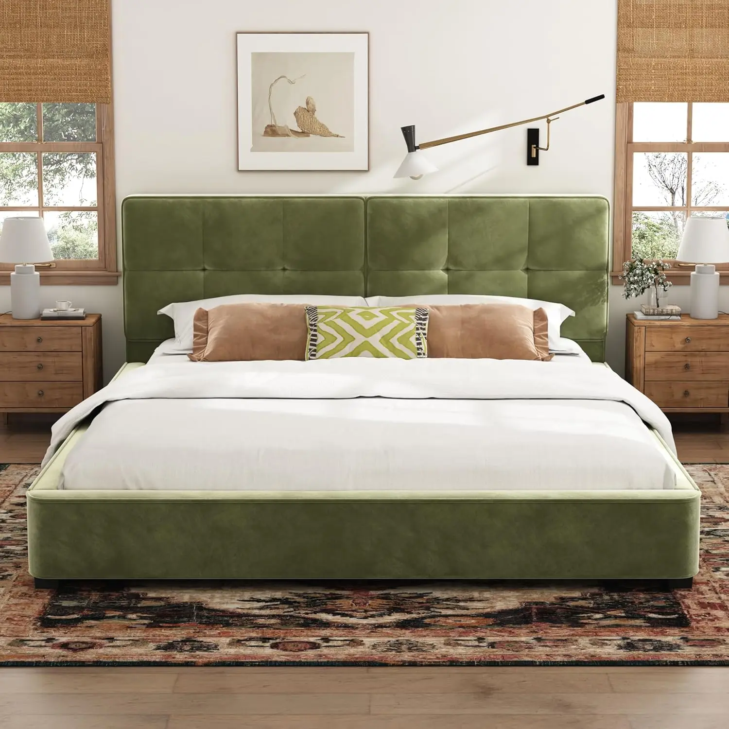 Christopher Knight Home Cordo cama King Size, plataforma tapizada de terciopelo, soporte de Panel de listones de madera, esquinas cuadradas copetudas