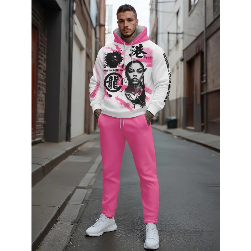 Модный спортивный китайский иероглиф с забавным лицом и 3D принтом, мужская толстовка с капюшоном на плечах, топ, брюки, комплект из двух предметов