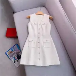 White Beige Autumn Winter Short Tweed Dress Women Elegant Sleeveless Single Breasted Mini Party Prom Dresses Lady